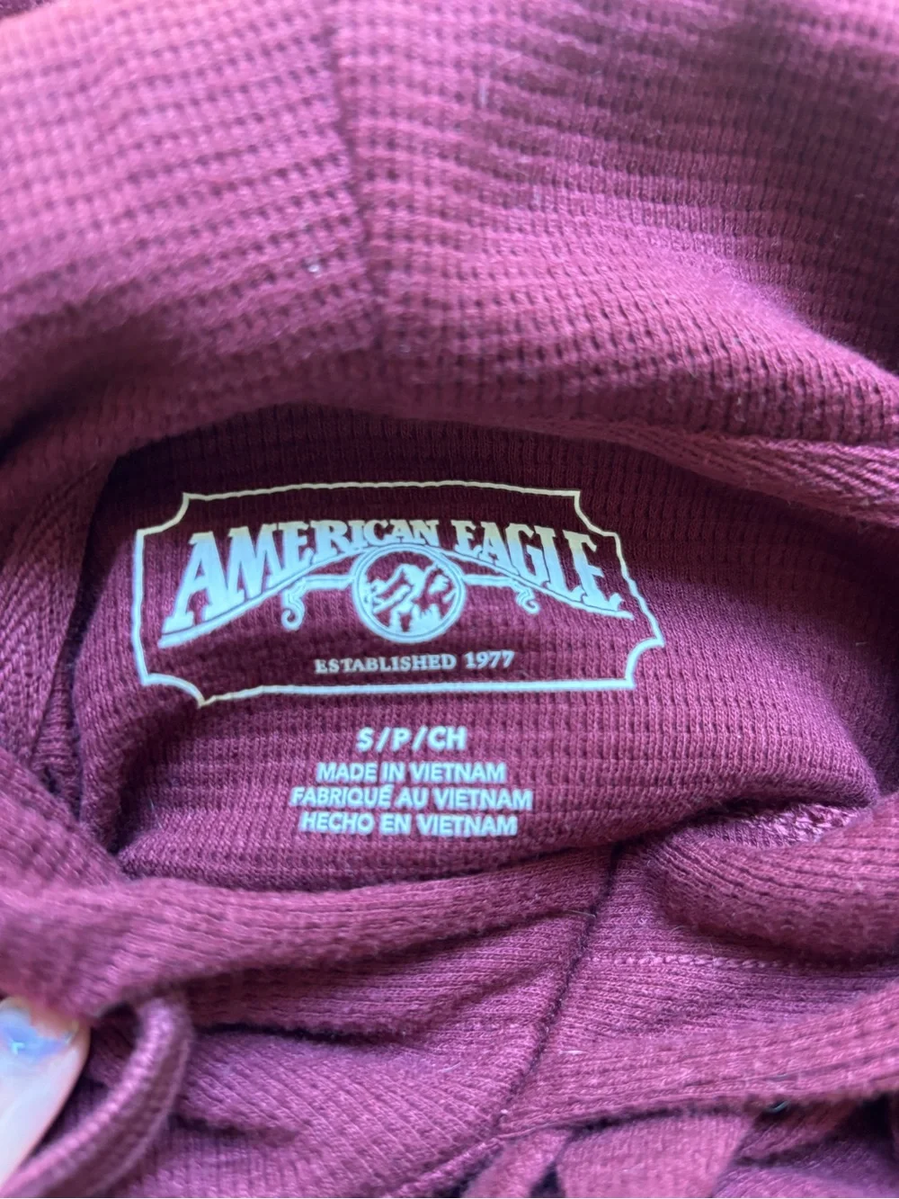 American Eagle Burgundy Thermal Hoodie Waffle Knit Long Sleeve Size Small